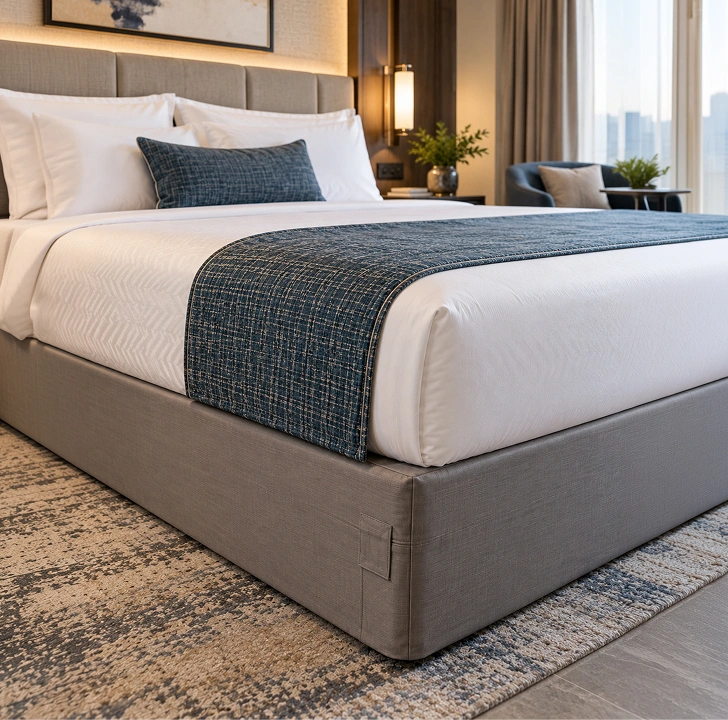 Hotel room setup showcasing clean foundation and tailored bedding presentation.