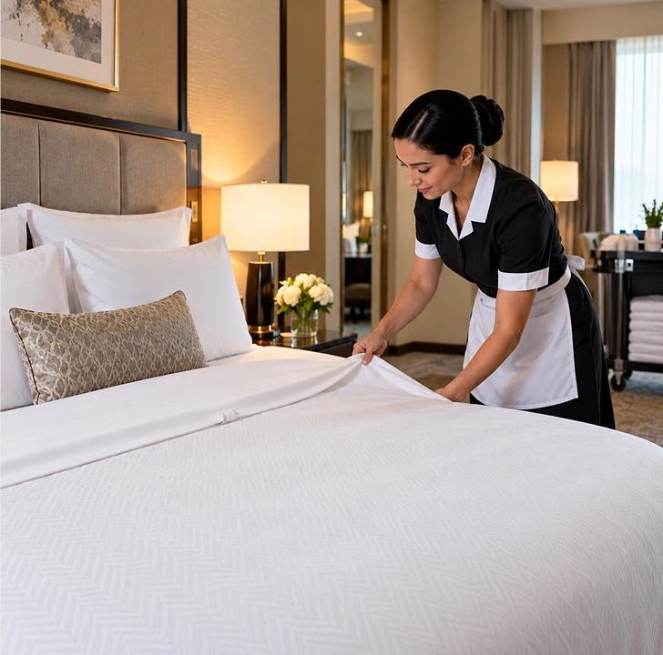 Neatly made hotel bed with crisp white hotel linens and styled pillows in a modern guest room.