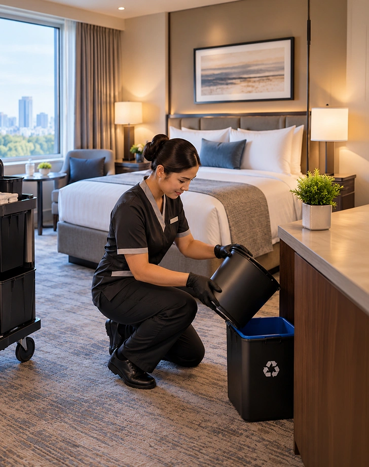 Hotel room setup showcasing cleanliness standards and wastebasket placement.