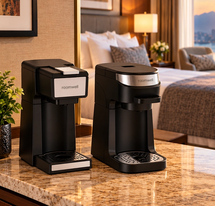 Hotel room coffee station setup showing commercial brewer, cups, and condiments.