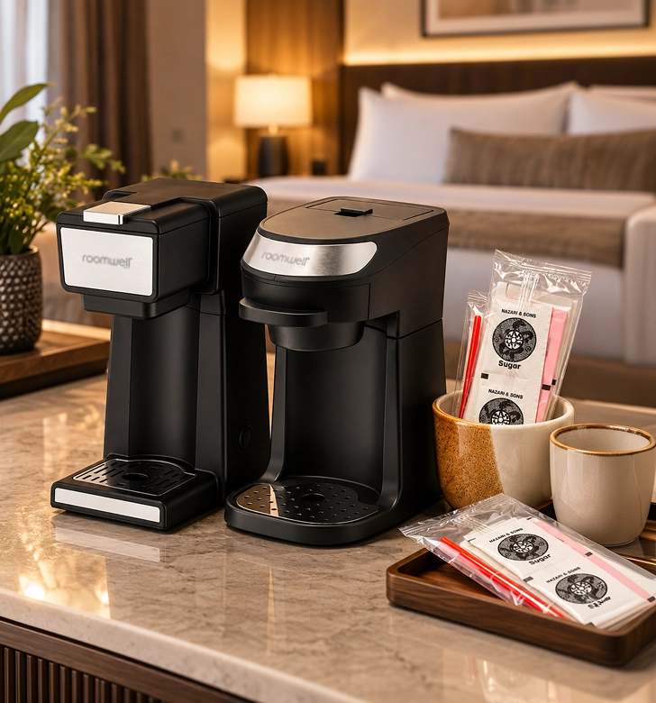 Hotel hospitality beverage amenities and organized condiment presentation.