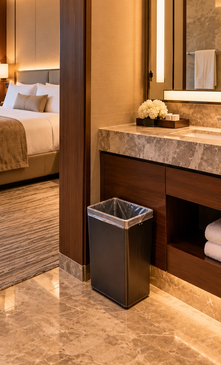 Clean hotel room presentation with neatly organized amenities and guest-room wastebasket.